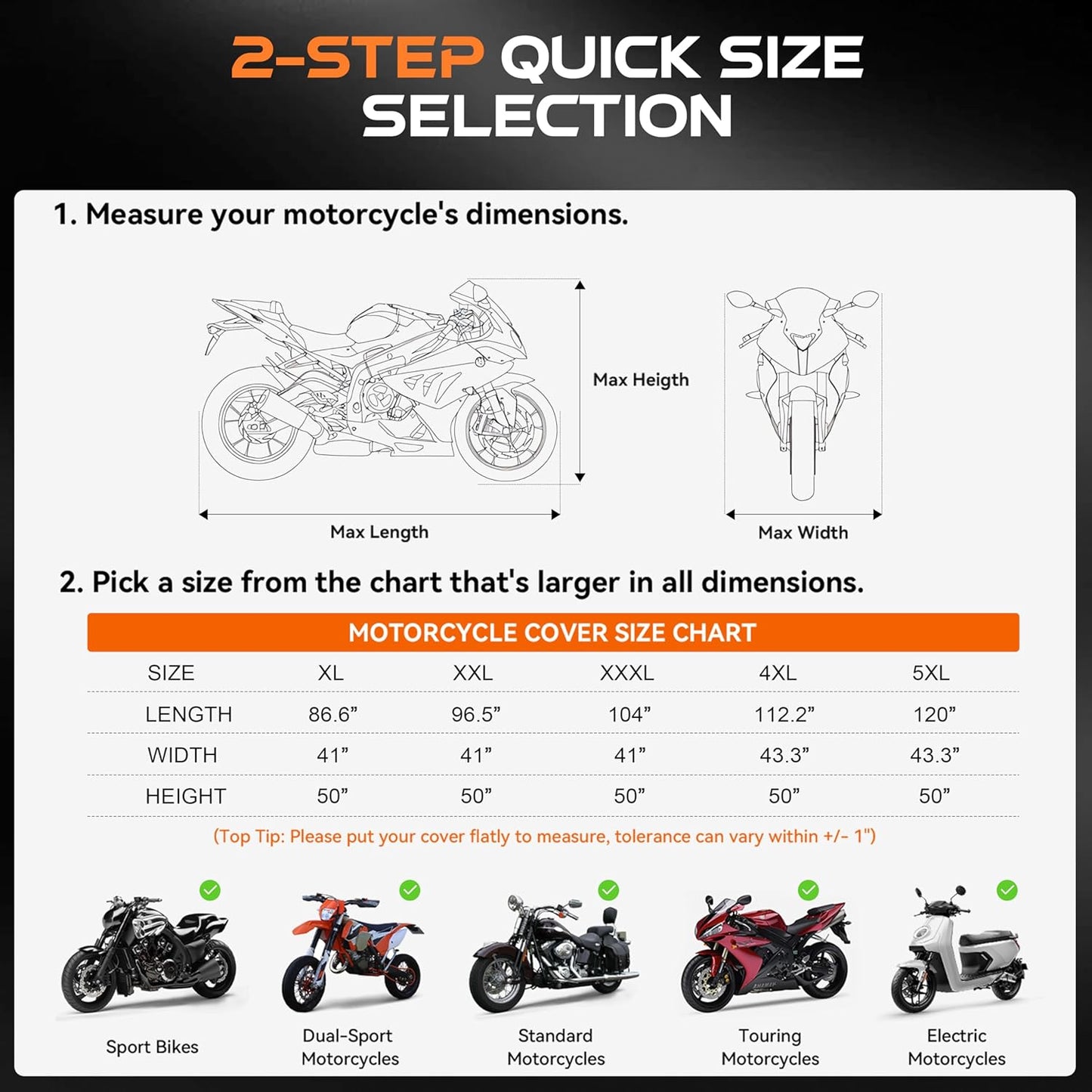 Motorcycle Cover Waterproof Outdoor, 300D Heavy Duty, UV & Rain Resistant, 3 Wind-Resistant Buckles, Dual Lock Holes, Includes Storage Bag, Fits Most Motorcycles/Scooters up to 86.6",Silver