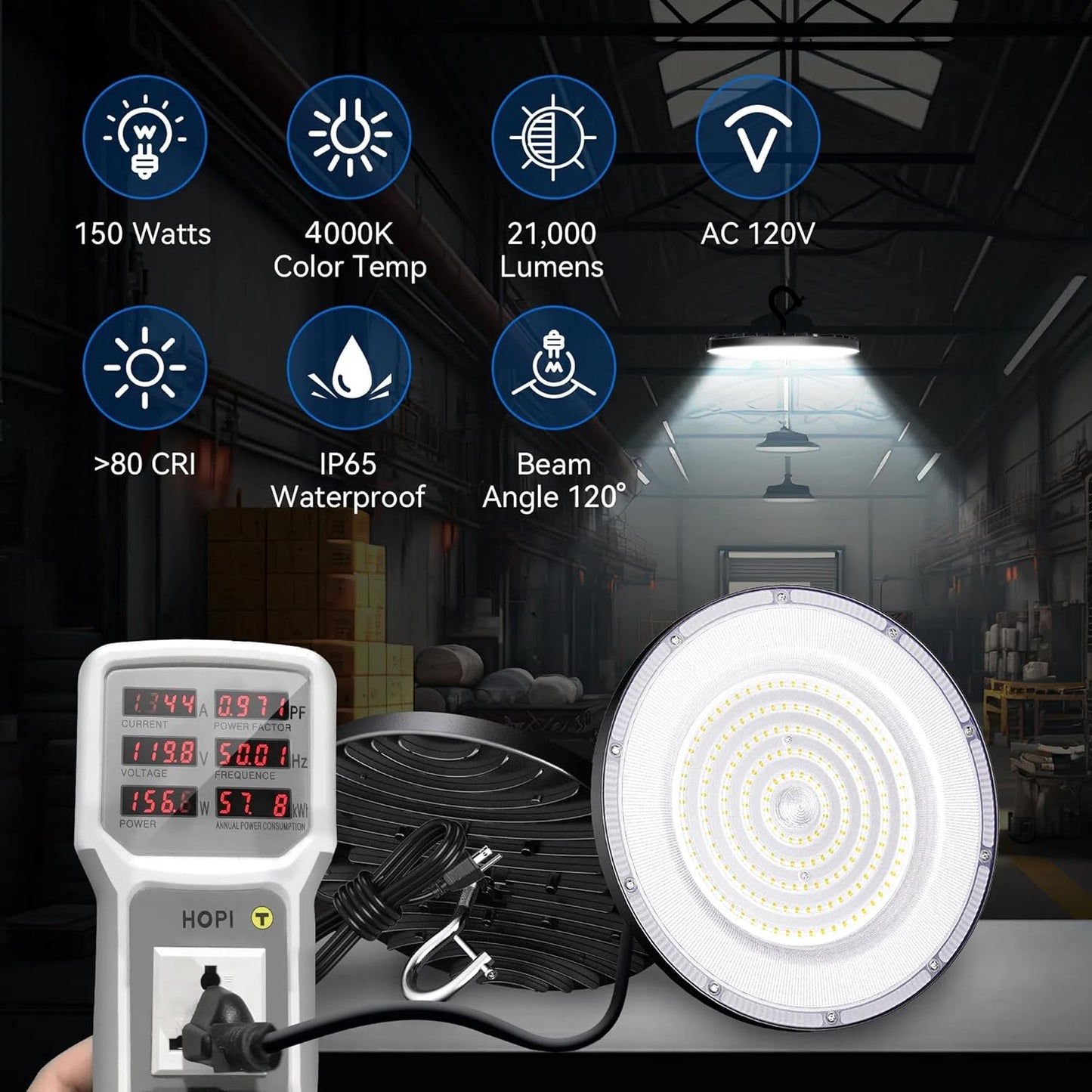 4 Pack UFO Led High Bay Light 150W(600W MH/HPS Equiv.), 21000lm, 4000K Daylight High Bay Led Light with 5' Cable US Hook, IP65 Waterproof Commercial Light Fixture for Warehouse Workshop Barn Factory