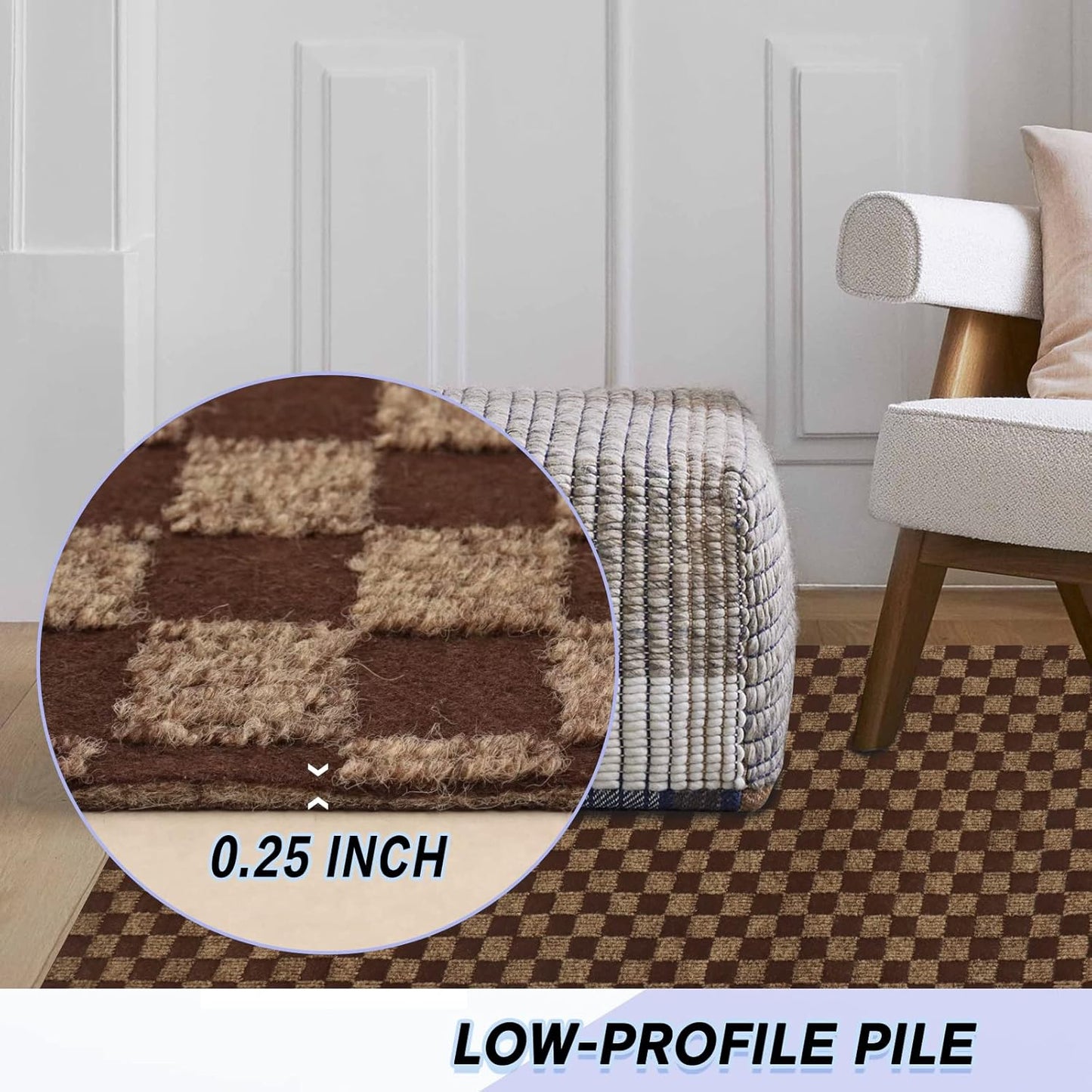 Custom Size Backed Non-Slip Area Rugs Runner, Easy Clean, Waterproof Runner Rugs for Hallway Entryway, Kitchen, Laundry, 3FT x 57FT, Brown Checkered
