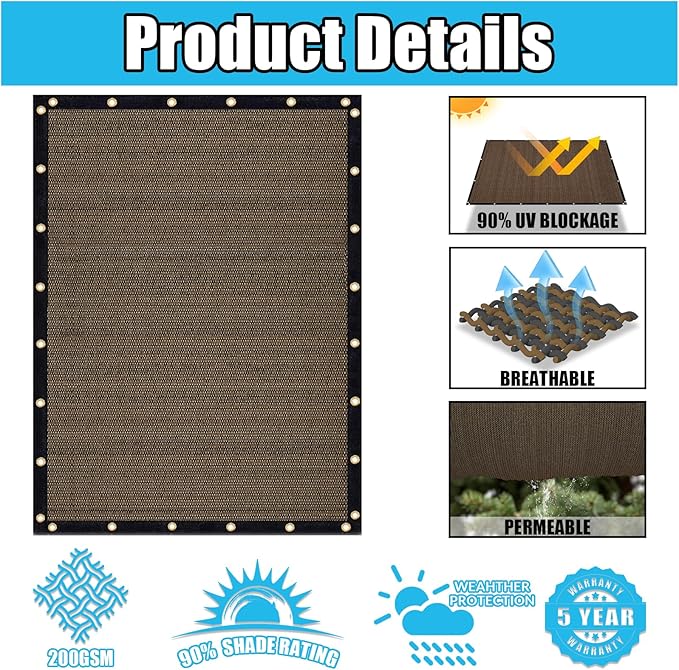 Amagenix 90% Shade Fabric 5'X 8' Mocha Sun Shade Cloth with Grommets for Pergola Replacement Shade Cover Canopy, Heavy Duty, Cable Zip Ties Included (We Customized)