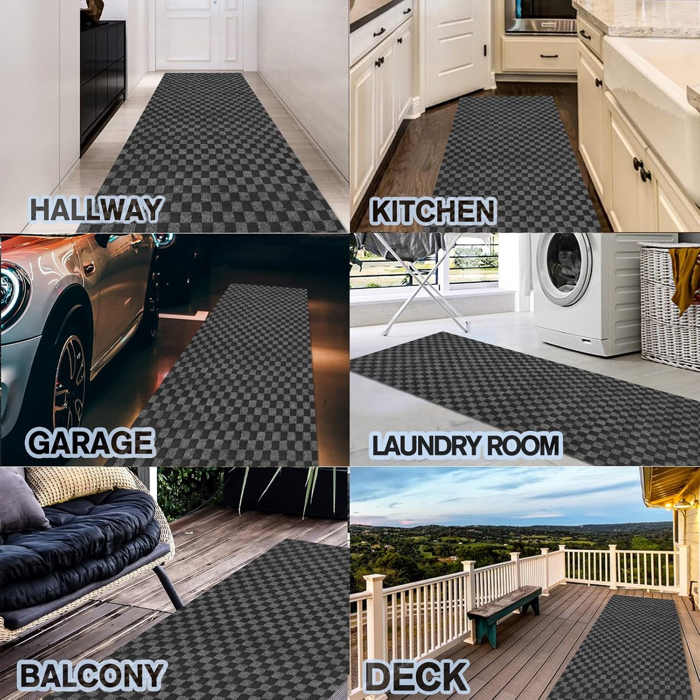 Custom Size Backed Non-Slip Area Rugs Runner, Easy Clean, Waterproof Runner Rugs for Hallway Entryway, Kitchen, Laundry, 4FT x 16FT, Gray Checkered