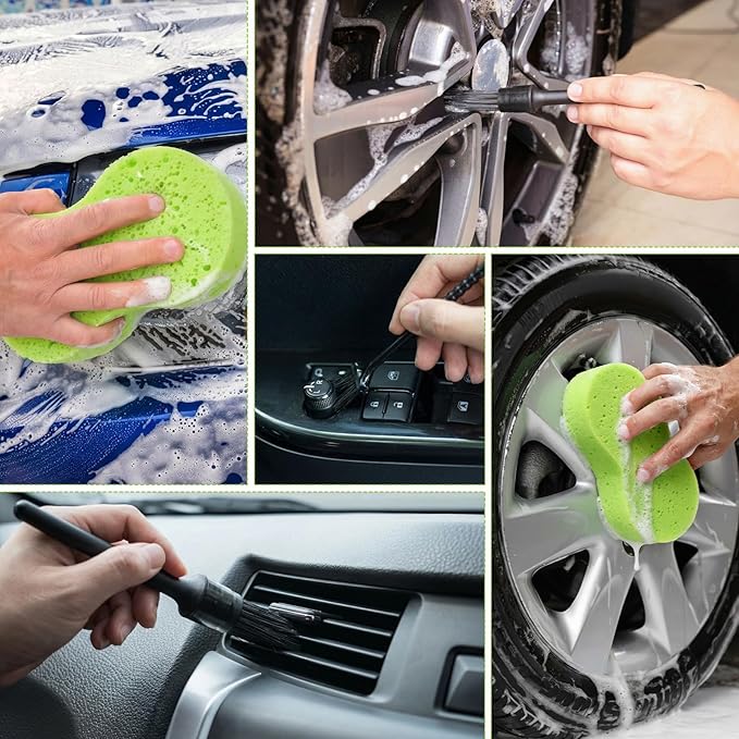 Baderke 9 Pcs Car Windshield Cleaner Tool Kit with with Extendable Handle, Microfiber Towel Pads, Sponge, Ventilation Brush, Empty Spray Bottle for Auto Glass Wiper Suvs Rvs & Home Windows(Grey)