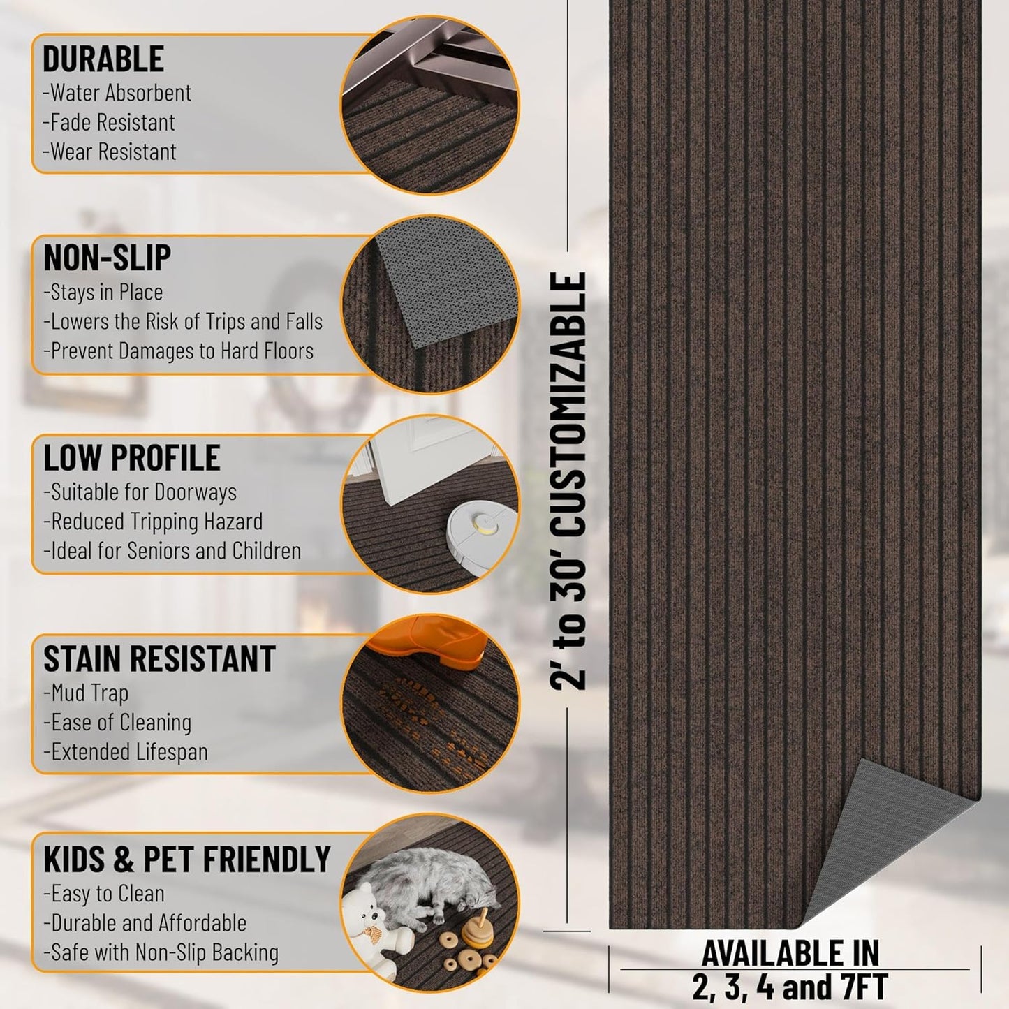 Ottomanson 2'7" x 49' Hallway Runner with Scraper Pile - Extra Durable Non-Slip Rug Mat for Indoor & Outdoor Use - Ideal for Kitchen, Entryway & Garage - High-Traffic Carpet, Brown