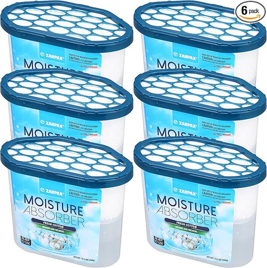 ZARPAX Moisture Absorber Fresh Cotton 10.5 oz/300g | Removes Moisture, Damp & Humidity | Odor Absorber With Fresh Cotton Fragrance | Moisture Trap for Bathroom, Closet, Kitchen | Set of 6