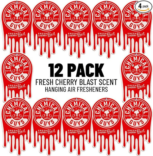 Chemical Guys Hanging Air Freshener, Fresh Cherry Scent 12 Pack, Great for Cars, Trucks, SUVs, RVs, Home, Garage, Workspace, Dorm Room & More (4 x 3 Packs) - AIR40604