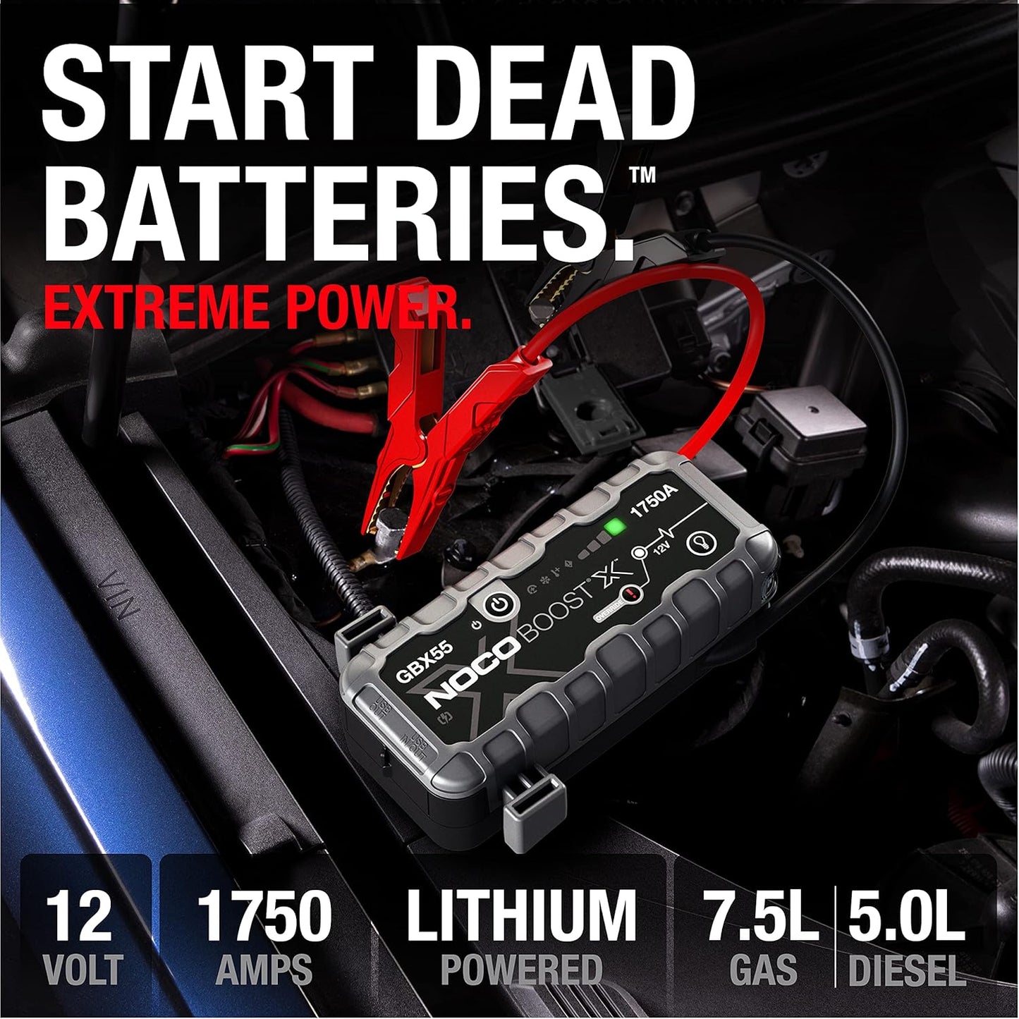 NOCO Boost X GBX55: 1750A UltraSafe Jump Starter – 12V Lithium Battery Booster Pack, Portable Jump Box, Power Bank & Jumper Cables - for 7.5L Gas and 5.0L Diesel Engines