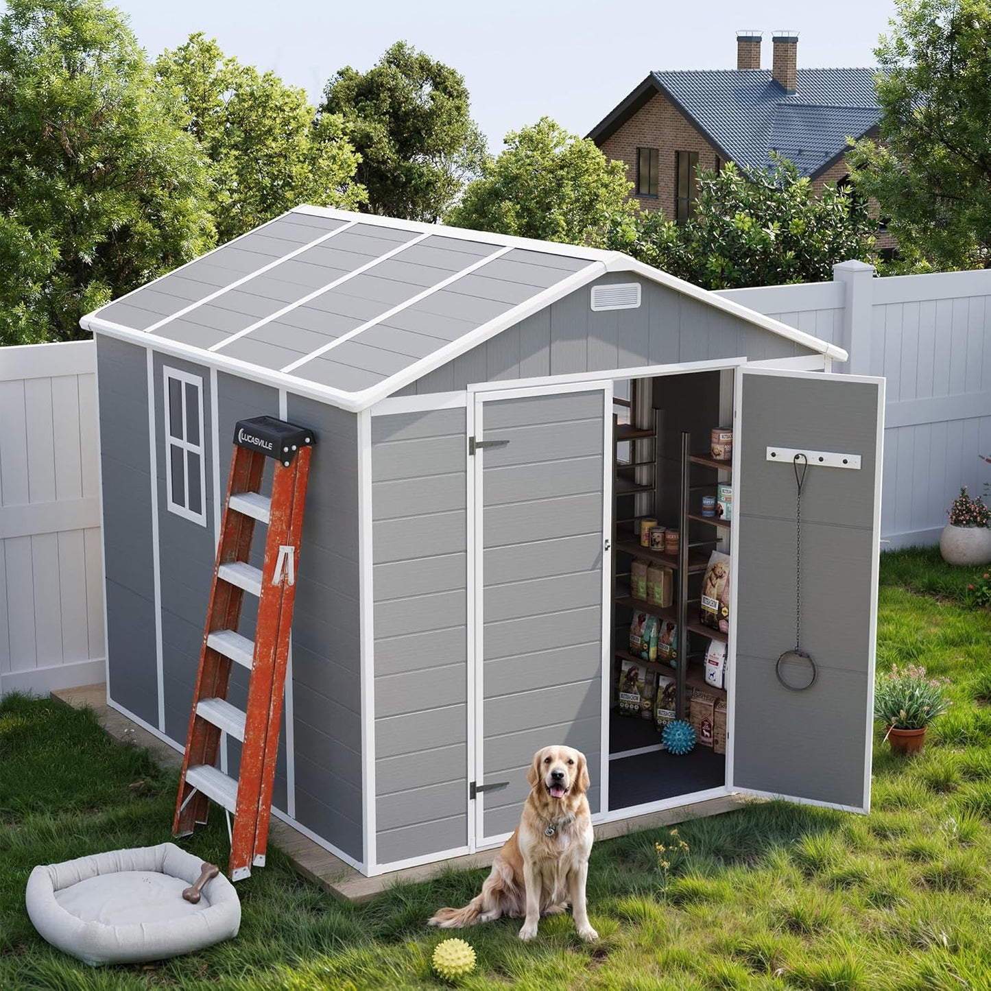 UDPATIO Outdoor Storage Shed 8 x 8 FT, Resin Garden Sheds Plastic Patio Outdoor Storage with Lockable Door for Tool, Bike, Garbage Can Gray White