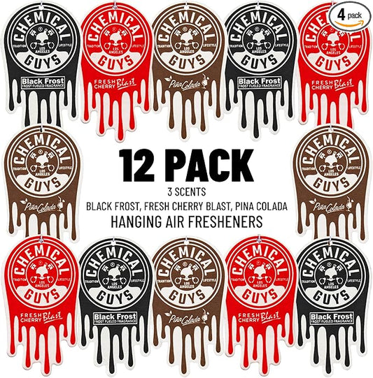 Chemical Guys Car Fresheners, Hanging Air Fresheners, Variety Scent Pack 12 Pack - for Cars, Home, Garage, Workspace, Dorm Room & More (4 x 3 Packs, Black Frost, Cherry, Pina Colada)
