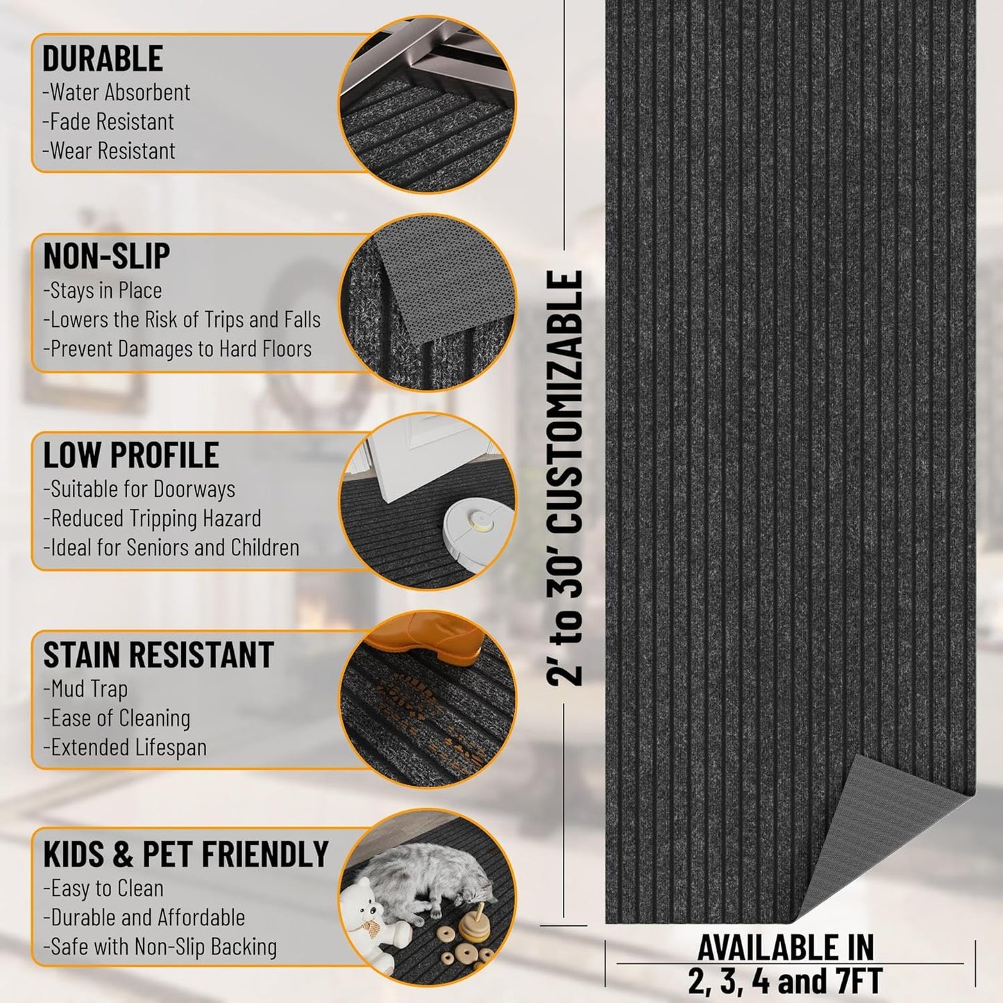 Ottomanson 2' x 16' Hallway Runner with Scraper Pile Extra Durable Non-Slip Rug Mat for Indoor & Outdoor Use - Ideal for Kitchen, Entryway, Patio & Garage - High-Traffic Carpet, Black