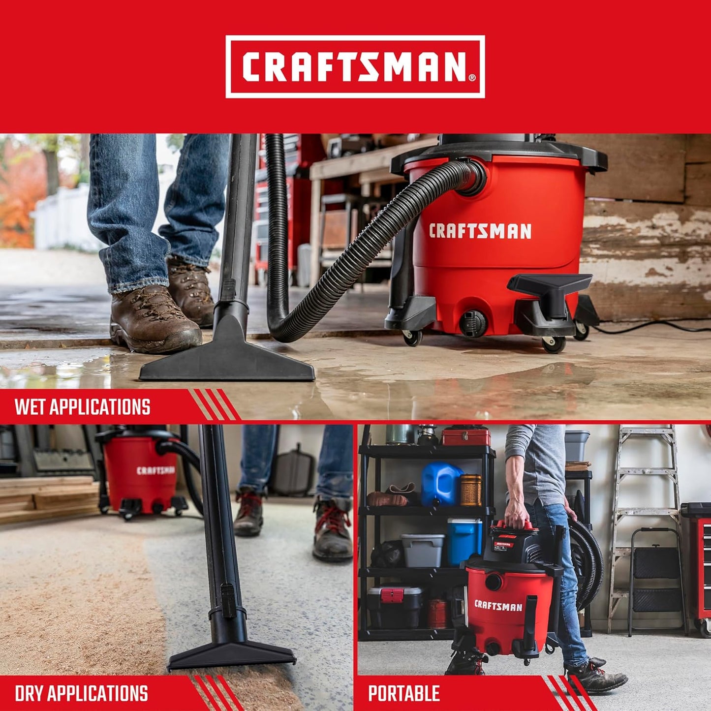 CRAFTSMAN CMXEVBE18590 9 Gallon 4.25 Peak HP Wet Dry Vac, Portable Shop Vacuum Wet and Dry with Filter, 3 Dust Bags, Hose and Attachments for Home, Garage and Automotive Cleaning