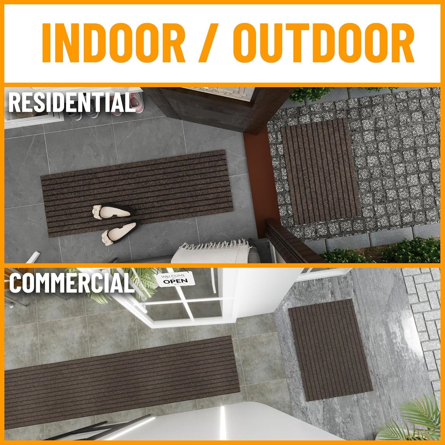 Ottomanson 2'7" x 23' Hallway Runner with Scraper Pile - Extra Durable Non-Slip Rug Mat for Indoor & Outdoor Use - Ideal for Kitchen, Entryway & Garage - High-Traffic Carpet, Brown