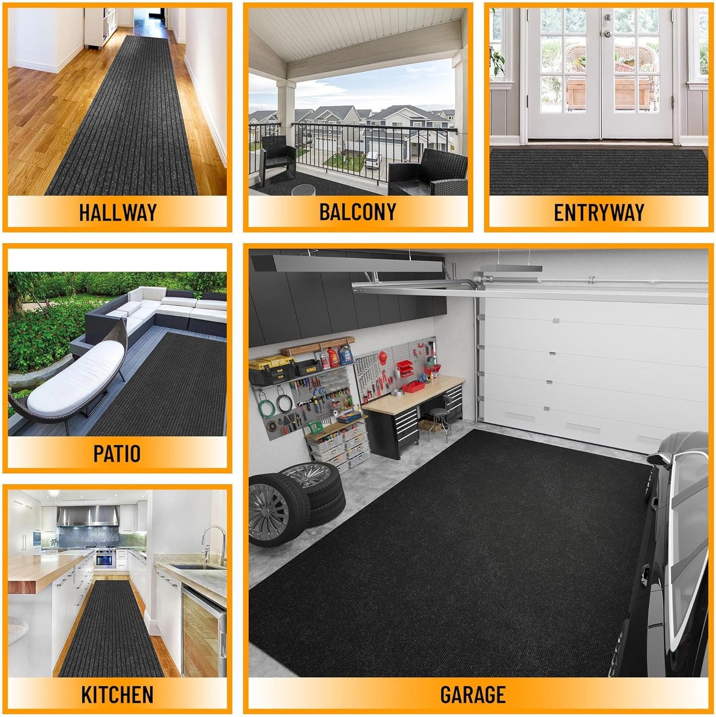 Ottomanson 2' x 14' Hallway Runner with Scraper Pile Extra Durable Non-Slip Rug Mat for Indoor & Outdoor Use - Ideal for Kitchen, Entryway, Patio & Garage - High-Traffic Carpet, Black