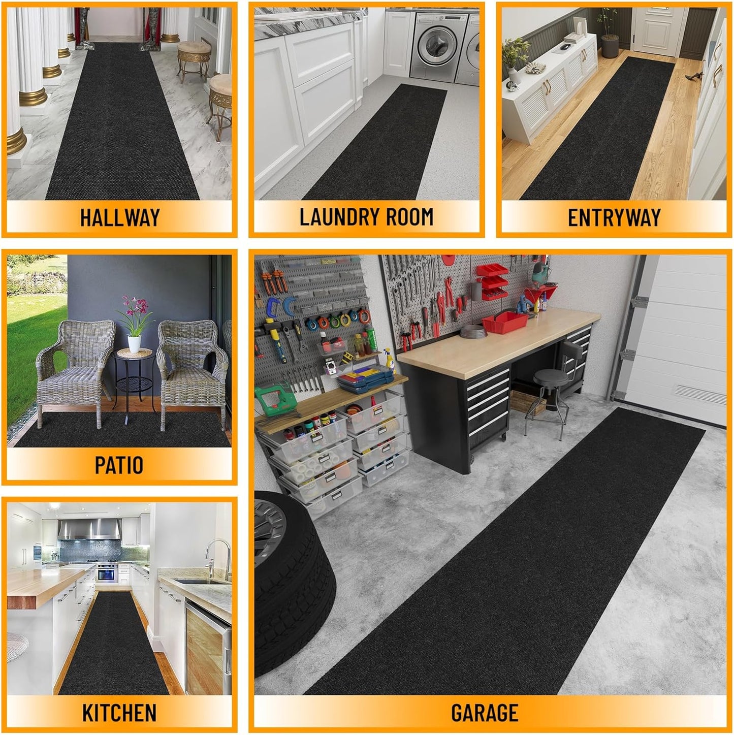 Ottomanson 2' x 18' Hallway Runner with Scraper Pile Extra Durable Non-Slip Rug Mat for Indoor & Outdoor Use - Ideal for Kitchen, Entryway, Patio & Garage - High-Traffic Carpet, Black