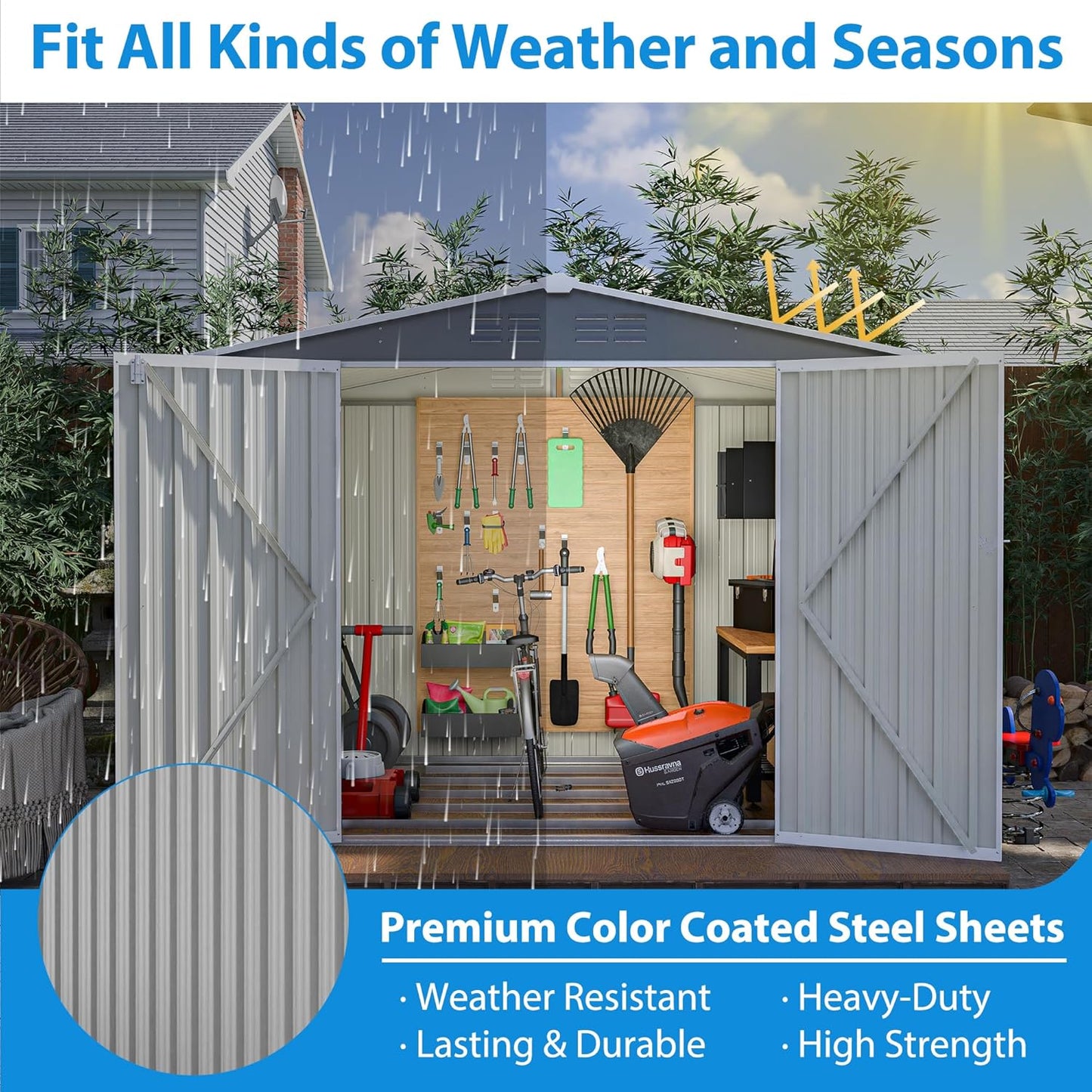 Outdoor Storage Shed,8X6 FT Metal Garden Shed with Lockable Doors & Slooping Roof,Updated Reinforced Door,Tool/Bike Sheds for Backyard, Patio, Poolside,Garage