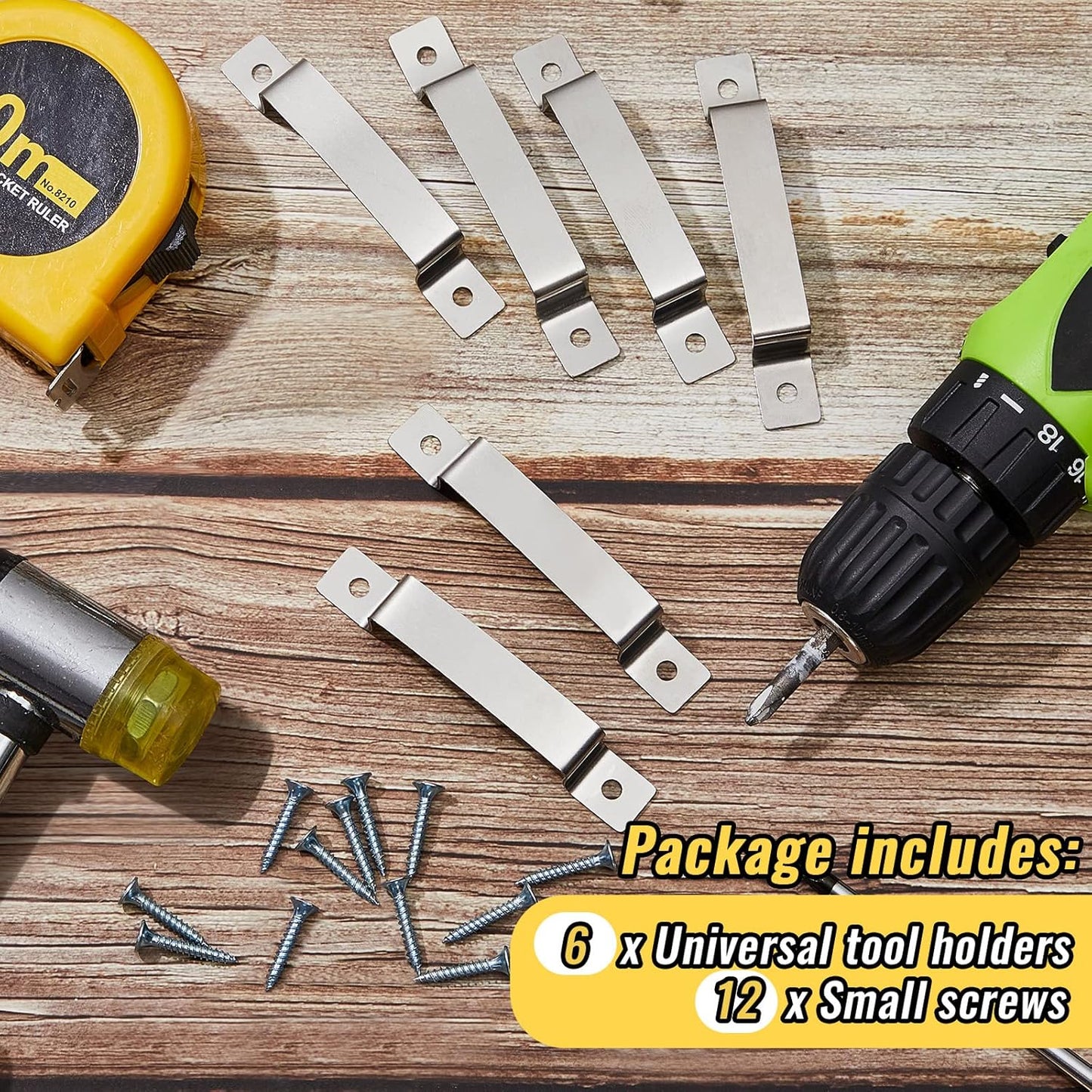 6 Pcs Tape Measure Clip Tape Measure Holder Bench Belt Universal Tool with Screws Stainless Steel Tool Hanger Storage Dock for Mount Drill Power Measures and Belt Clips (Silver)
