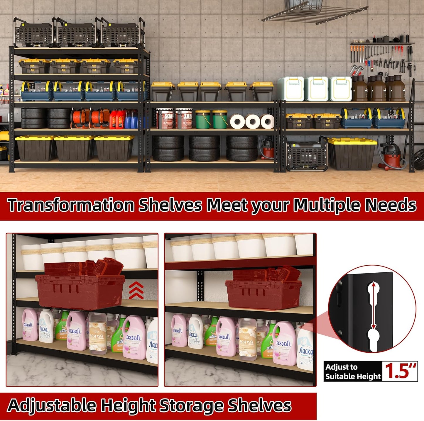 35.5" W x 16" D x 71" H Adjustable Garage Storage Shelves - 5-Shelf Heavy Duty Shelving Unit, Metal Utility Storage Organizer Racks for Warehouse Pantry Closet Kitchen, Black