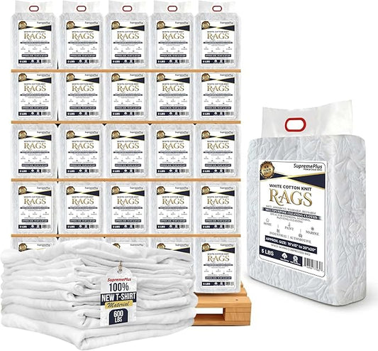 Premium New White Cotton Knit T-Shirt Rags (600 lbs. Pallet 120x5 lbs. Bag of Rags) - Lint-Free, Soft & Absorbent Bulk Cleaning Cloths for Auto, Paint, Garage, Staining & Polishing